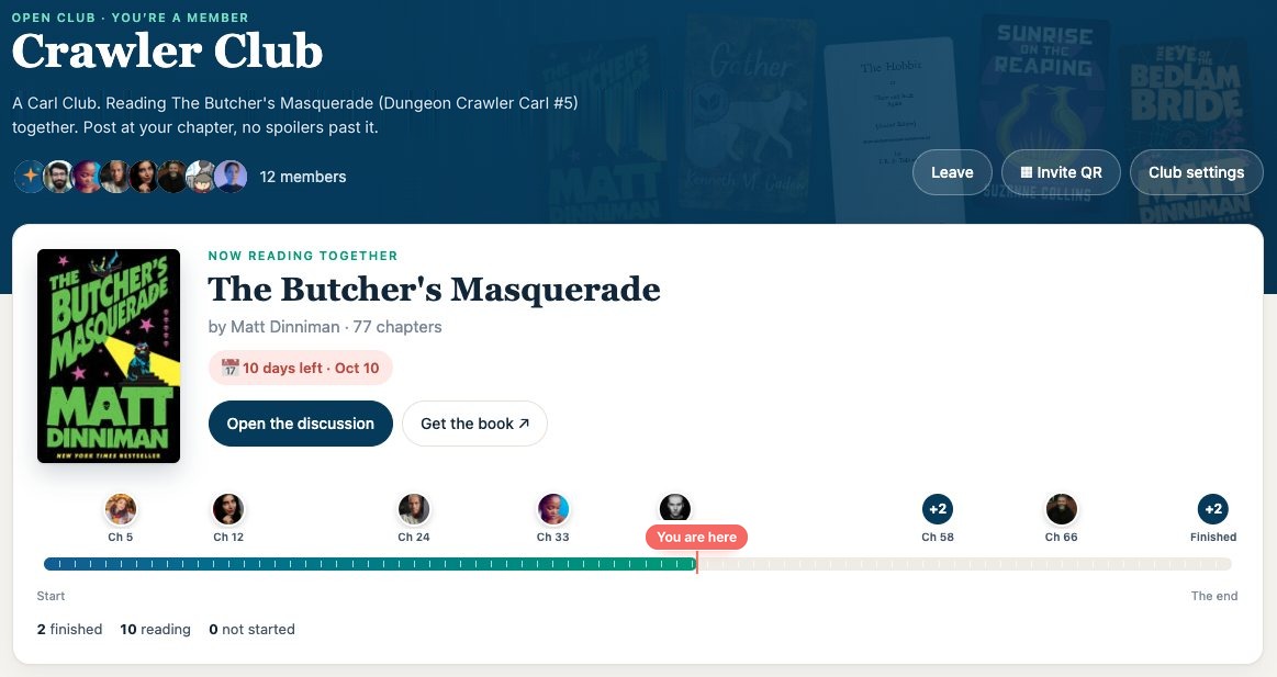 A book club page: the current pick, days left, and every member's chapter on a progress track