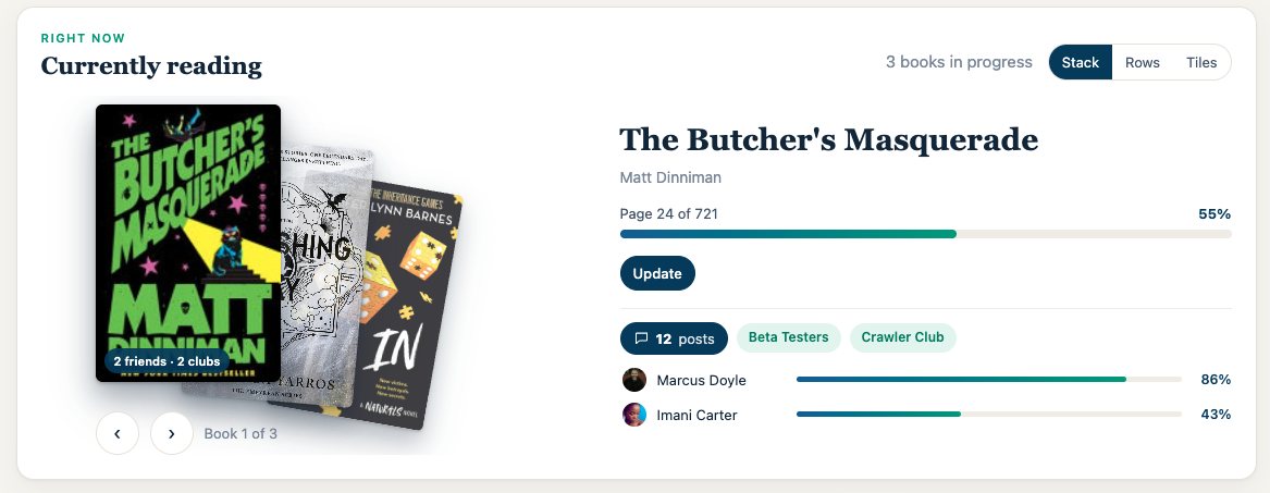 The Currently reading card: a stack of book covers, page progress bar, Update button, and friends' progress