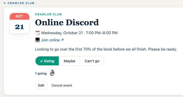 A book club event page with the date, place, RSVP buttons and who's going