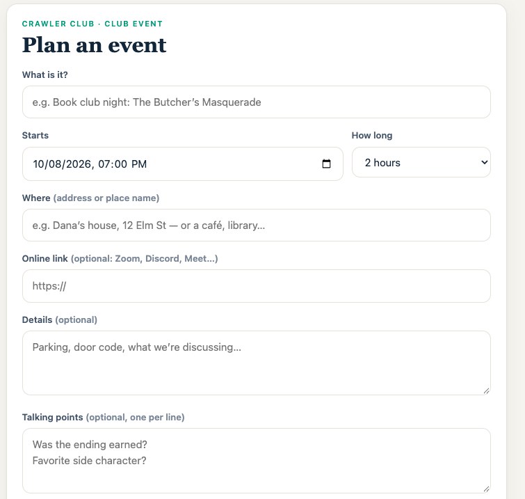 The Plan an event form: name, start time, how long, where, online link, details and talking points